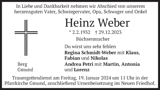 Traueranzeige von Heinz Weber von merkurtz