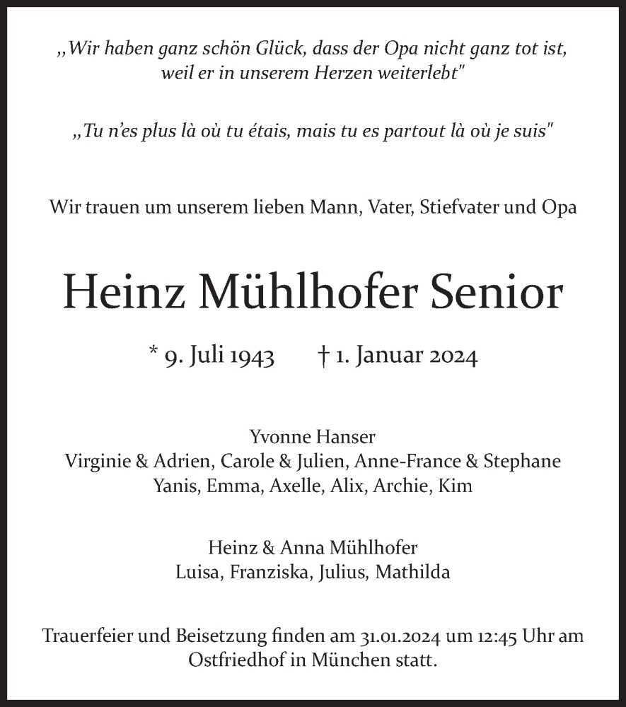  Traueranzeige für Heinz Mühlhofer Senior vom 13.01.2024 aus merkurtz