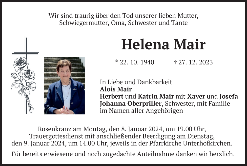  Traueranzeige für Helena Mair vom 05.01.2024 aus merkurtz