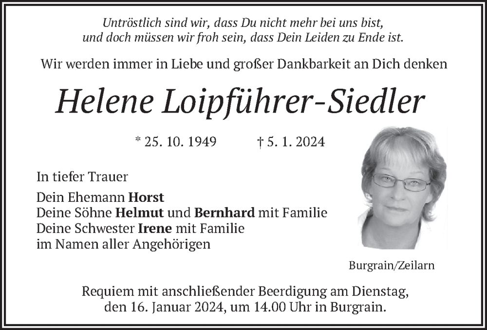 Traueranzeigen von Helene Loipführer-Siedler | trauer.merkur.de