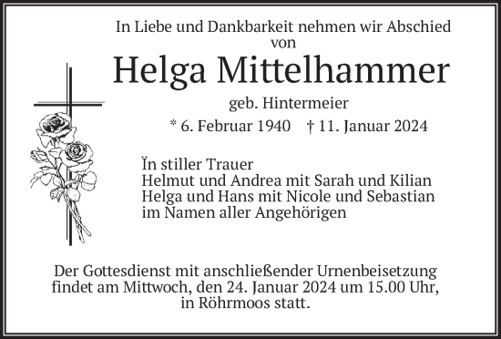 Traueranzeige von Helga Mittelhammer von merkurtz