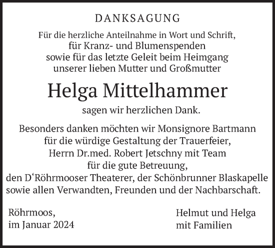 Traueranzeige von Helga Mittelhammer von merkurtz
