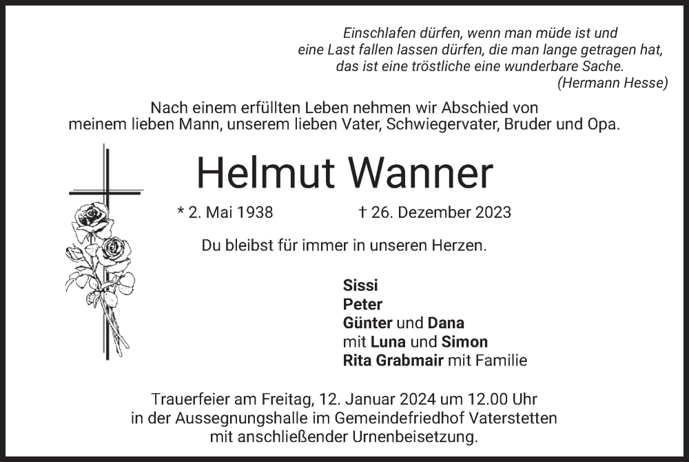  Traueranzeige für Helmut Wanner vom 05.01.2024 aus merkurtz