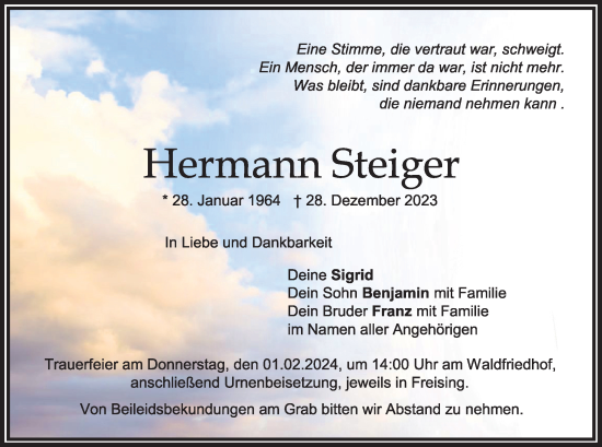 Traueranzeige von Hermann Steiger von merkurtz