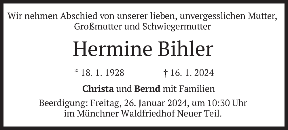  Traueranzeige für Hermine Bihler vom 24.01.2024 aus merkurtz