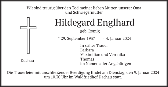 Traueranzeige von Hildegard Englhard