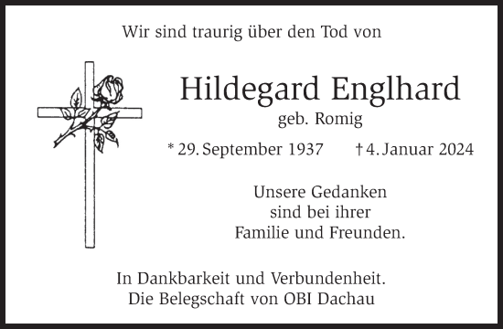 Traueranzeige von Hildegard Englhard von merkurtz