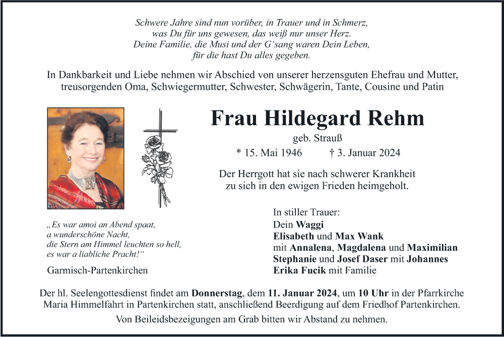  Traueranzeige für Hildegard Rehm vom 05.01.2024 aus merkurtz
