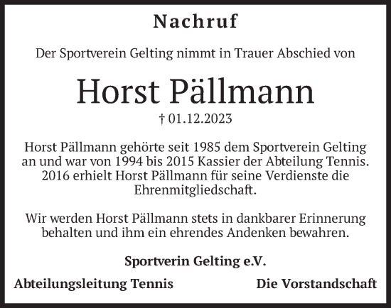 Traueranzeige von Horst Pällmann von merkurtz