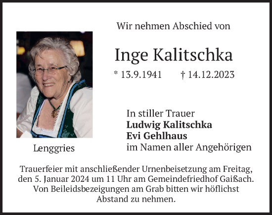 Traueranzeige von Inge Kalitschka von merkurtz