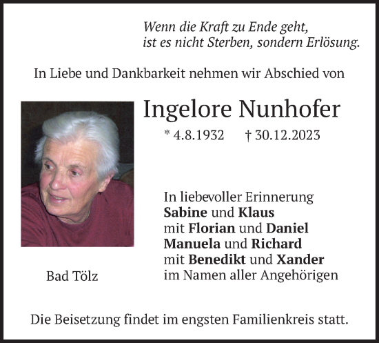 Traueranzeige von Ingelore Nunhofer von merkurtz
