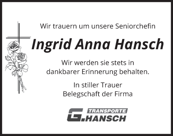 Traueranzeige von Ingrid Anna Hansch von merkurtz