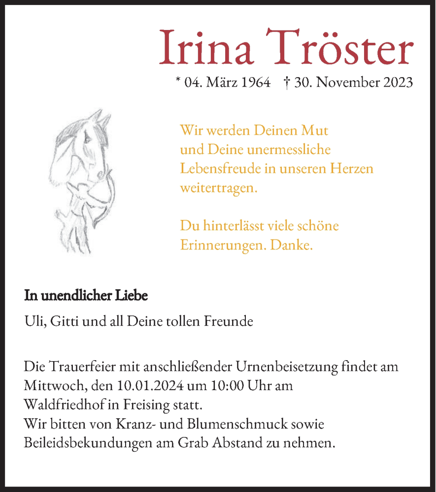  Traueranzeige für Irina Tröster vom 05.01.2024 aus merkurtz