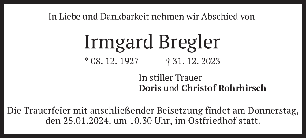  Traueranzeige für Irmgard Bregler vom 20.01.2024 aus merkurtz
