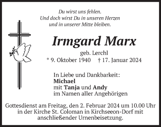 Traueranzeige von Irmgard Marx von merkurtz