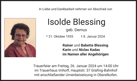 Traueranzeige von Isolde Blessing von merkurtz