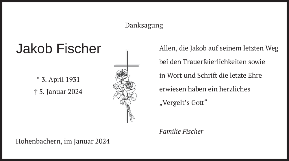  Traueranzeige für Jakob Fischer vom 27.01.2024 aus merkurtz
