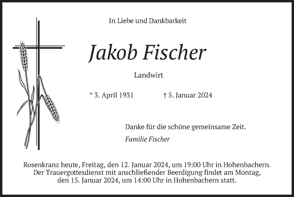  Traueranzeige für Jakob Fischer vom 12.01.2024 aus merkurtz
