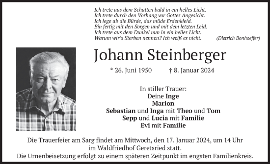 Traueranzeige von Johann Steinberger von merkurtz