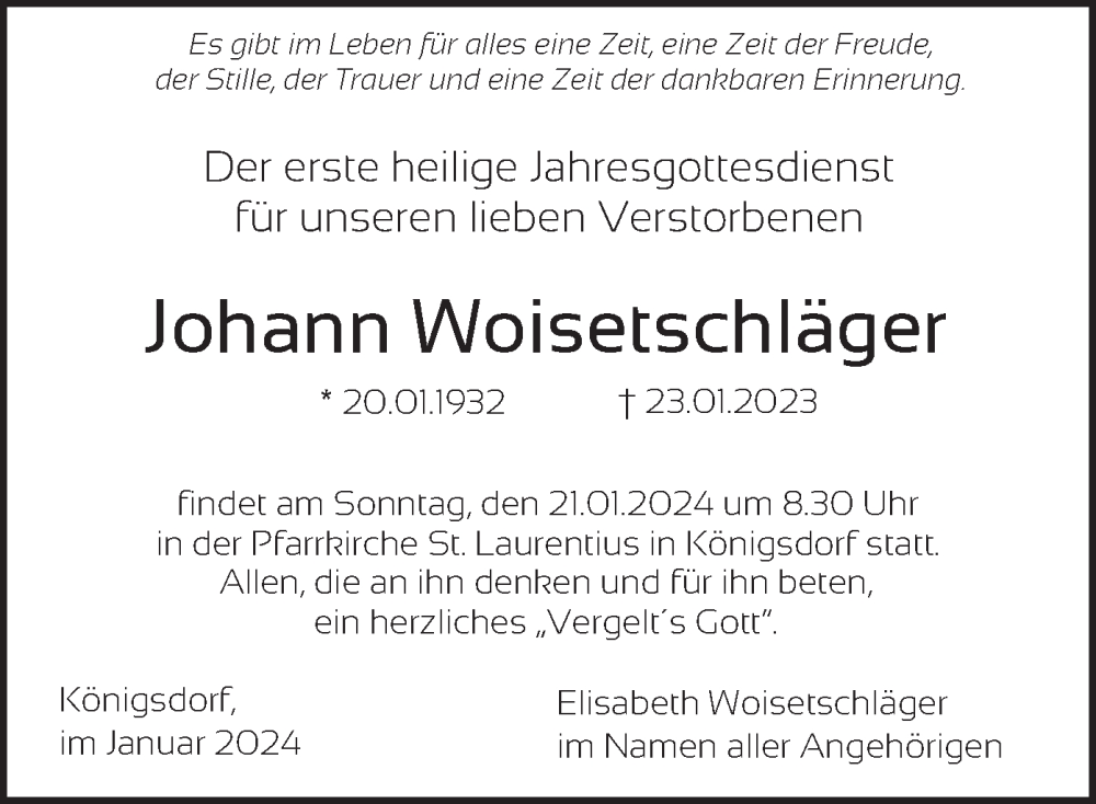  Traueranzeige für Johann Woisetschläger vom 18.01.2024 aus merkurtz