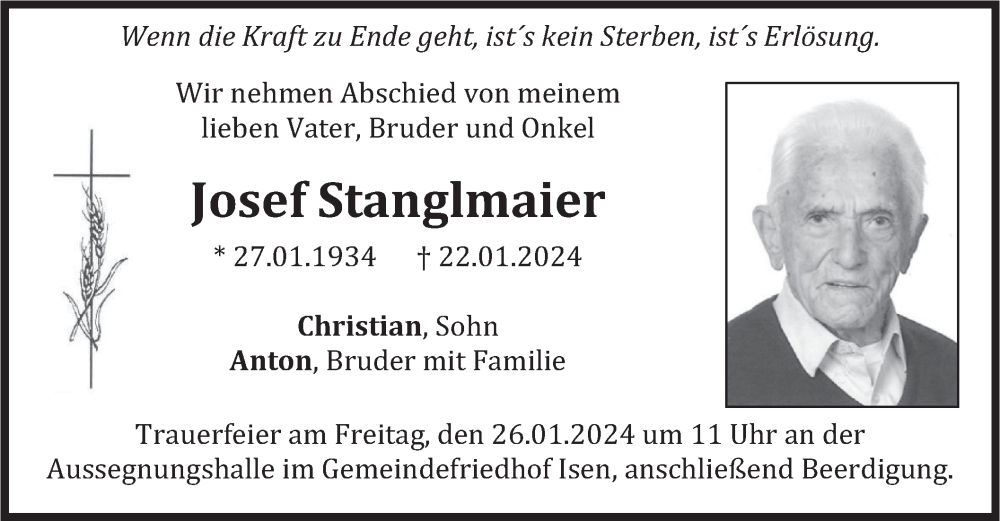  Traueranzeige für Josef Stanglmaier vom 24.01.2024 aus merkurtz