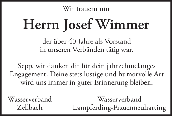 Traueranzeige von Josef Wimmer