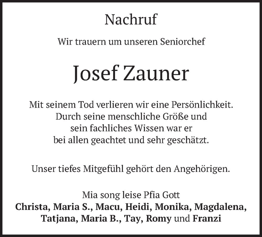  Traueranzeige für Josef Zauner vom 13.01.2024 aus merkurtz