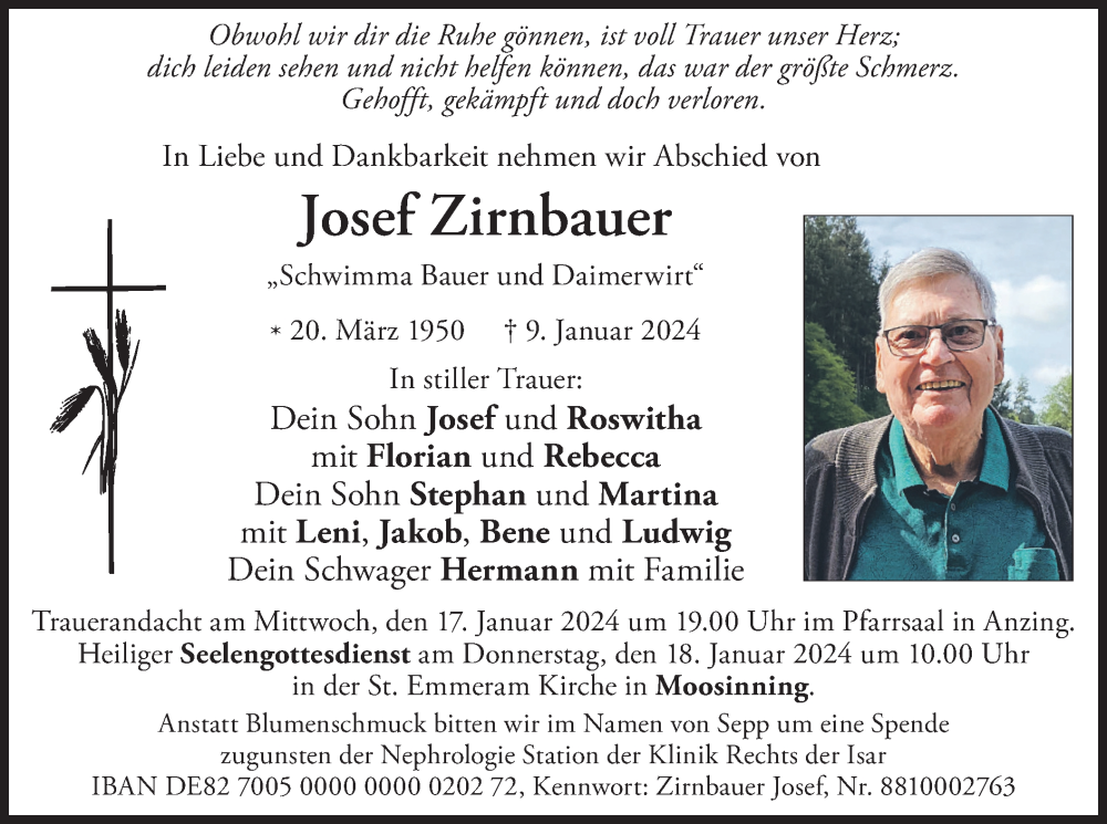  Traueranzeige für Josef Zirnbauer vom 13.01.2024 aus merkurtz
