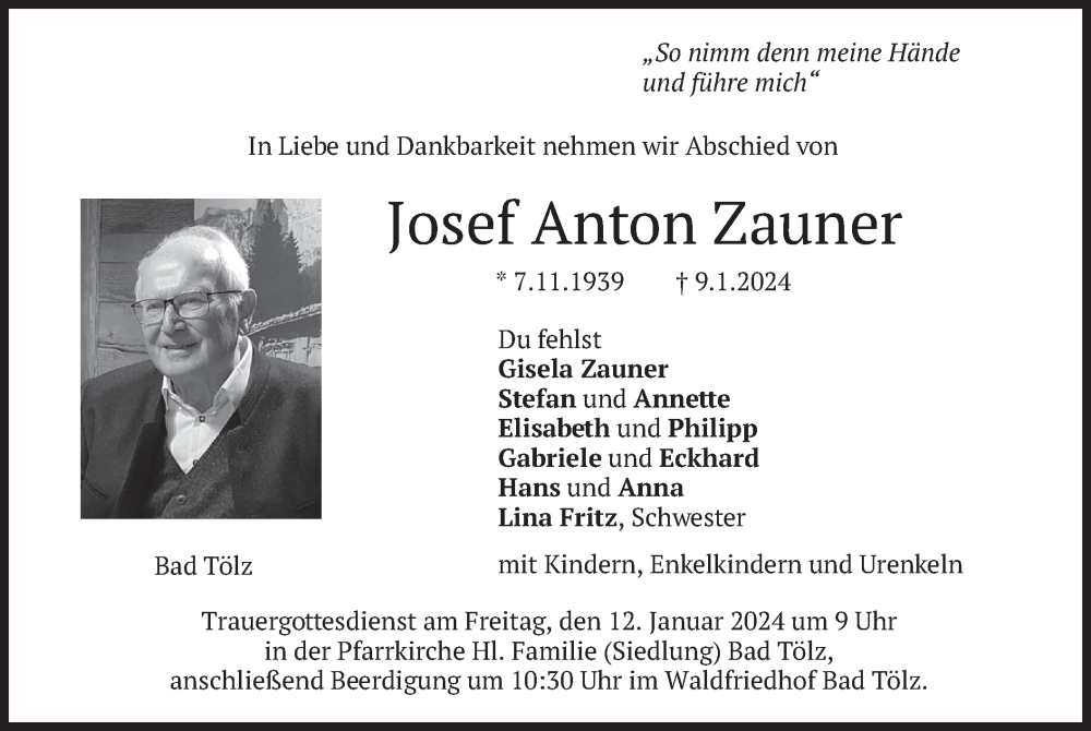  Traueranzeige für Josef Anton Zauner vom 11.01.2024 aus merkurtz