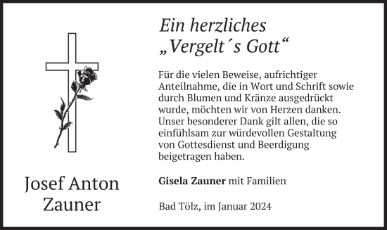Traueranzeige von Josef Anton Zauner von merkurtz