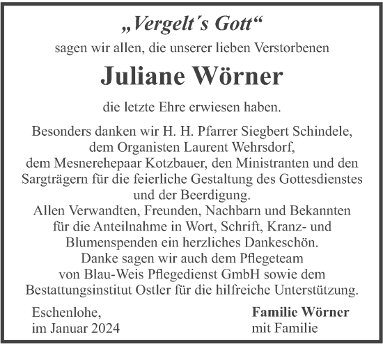 Traueranzeige von Juliane Wörner von merkurtz