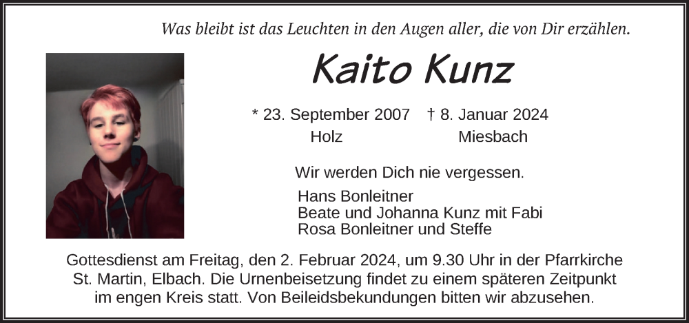  Traueranzeige für Kaito Kunz vom 27.01.2024 aus merkurtz