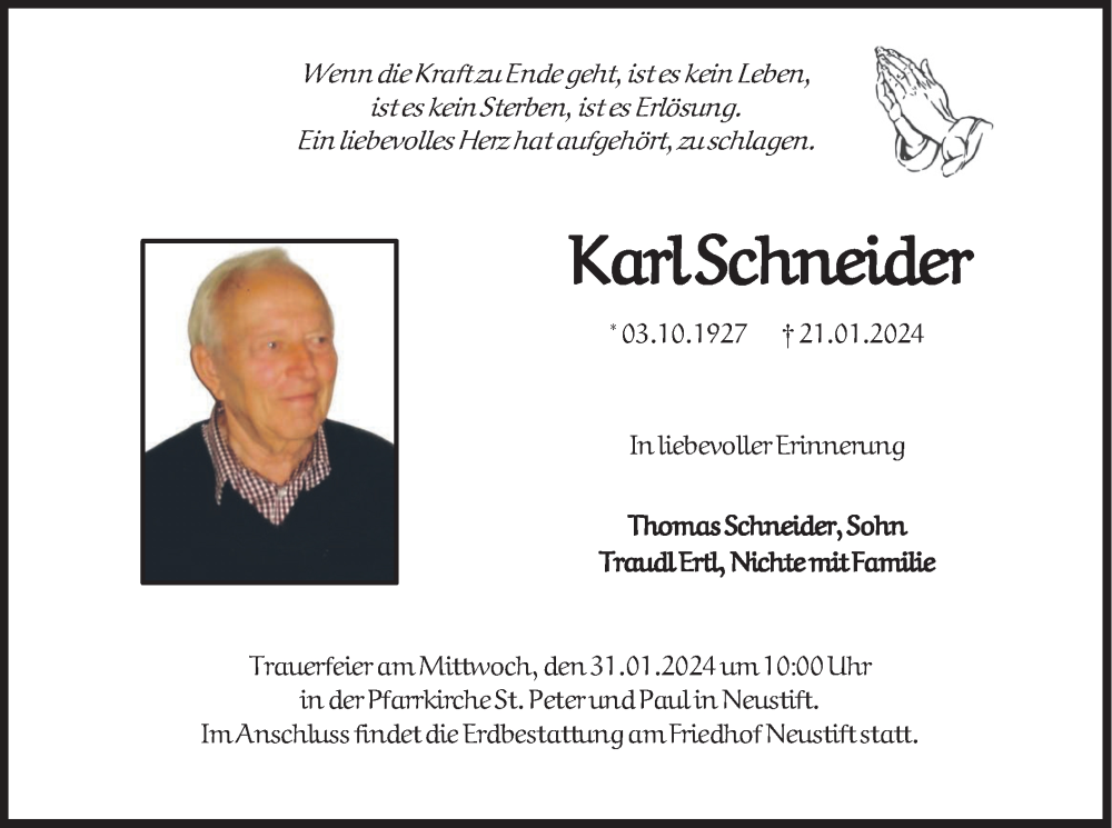  Traueranzeige für Karl Schneider vom 27.01.2024 aus merkurtz