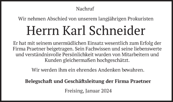 Traueranzeige von Karl Schneider von merkurtz