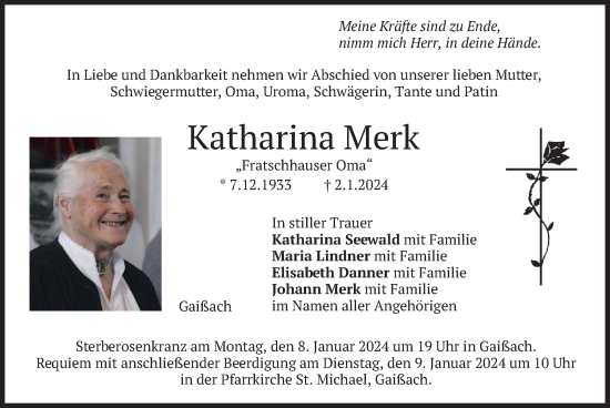 Traueranzeige von Katharina Merk von merkurtz