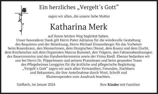 Traueranzeige von Katharina Merk von merkurtz