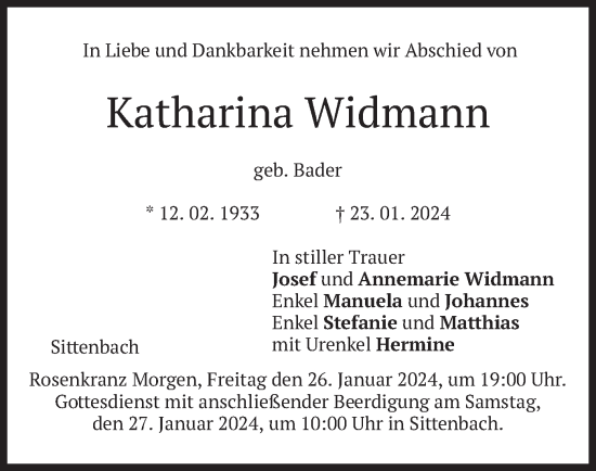 Traueranzeige von Katharina Widmann von merkurtz