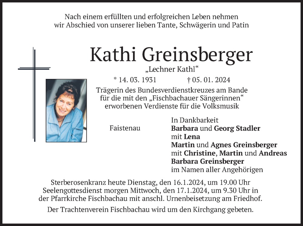  Traueranzeige für Kathi Greinsberger vom 16.01.2024 aus merkurtz