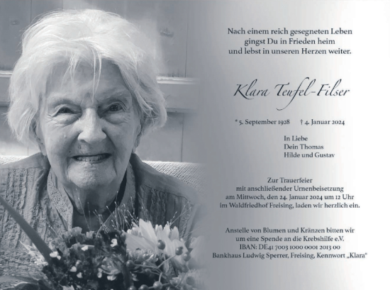 Traueranzeige von Klara Teufel-Filser von merkurtz