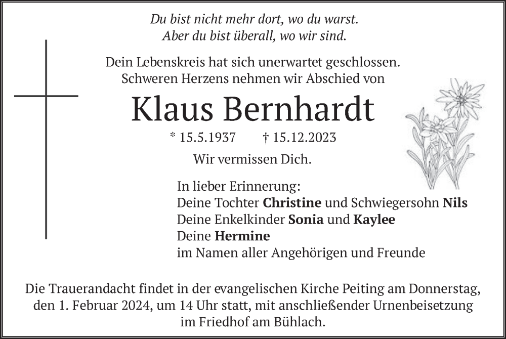  Traueranzeige für Klaus Bernhardt vom 27.01.2024 aus merkurtz