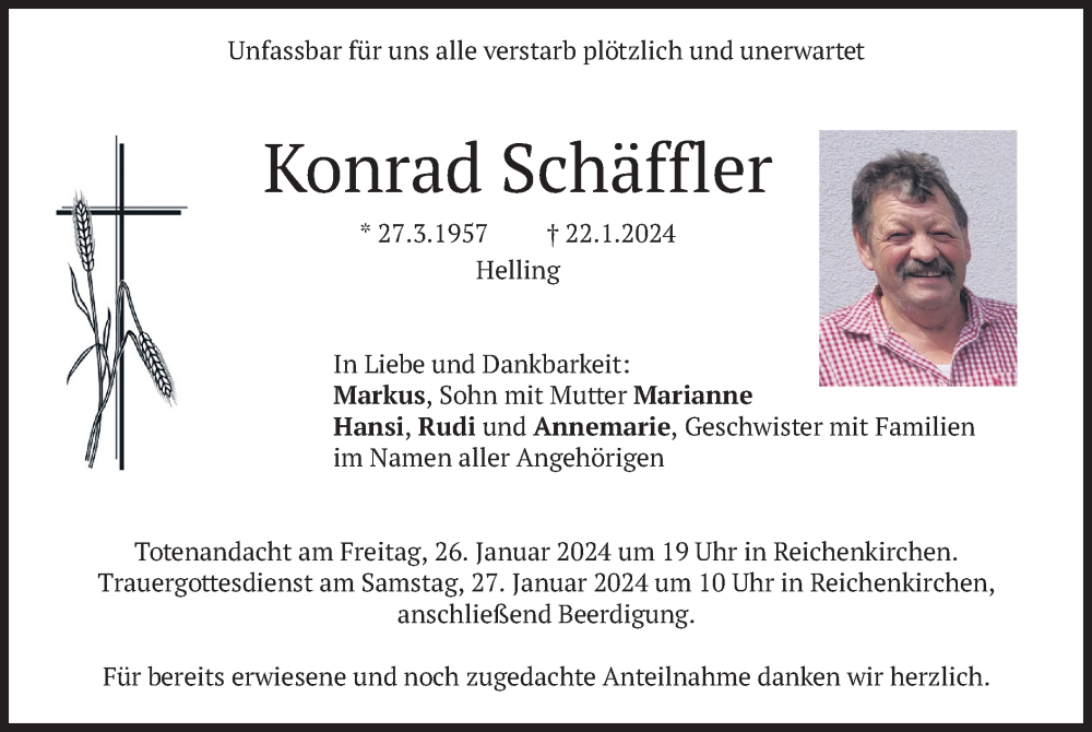  Traueranzeige für Konrad Schäffler vom 24.01.2024 aus merkurtz