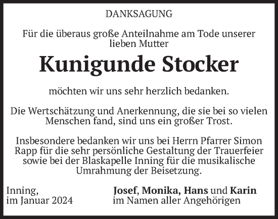 Traueranzeige von Kunigunde Stocker von merkurtz