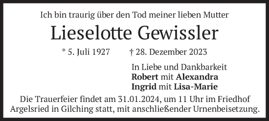 Traueranzeige von Lieselotte Gewissler von merkurtz