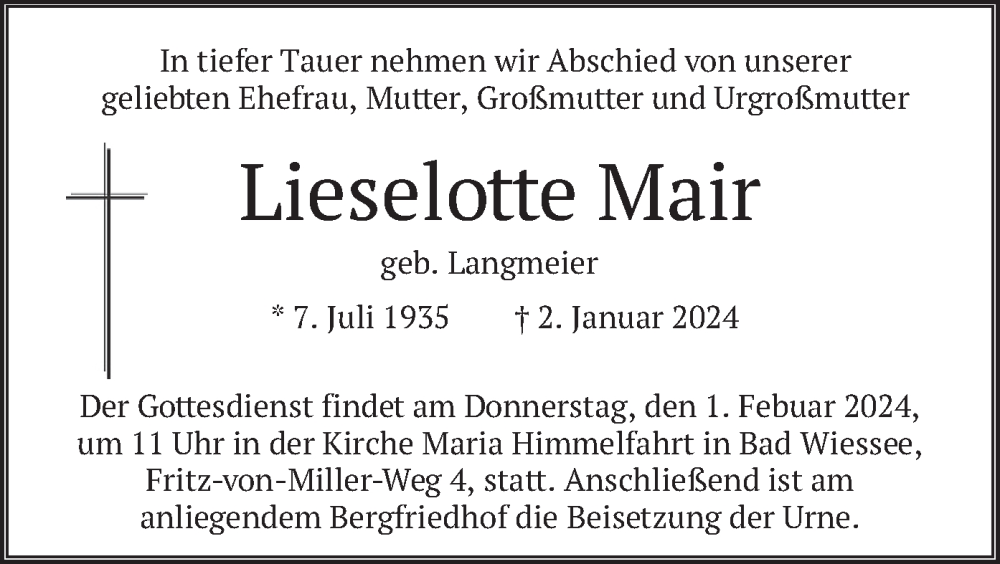  Traueranzeige für Lieselotte Mair vom 20.01.2024 aus merkurtz