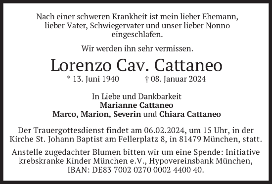 Traueranzeige von Lorenzo Cav. Cattaneo von merkurtz