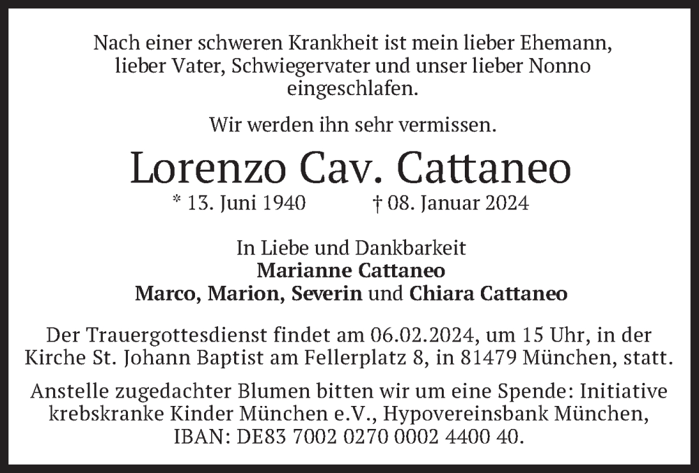  Traueranzeige für Lorenzo Cav. Cattaneo vom 27.01.2024 aus merkurtz
