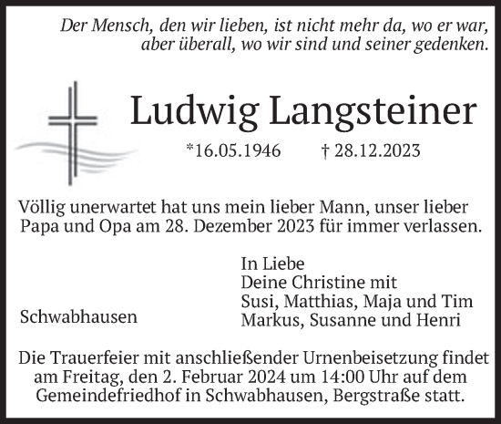 Traueranzeige von Ludwig Langsteiner von merkurtz