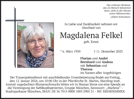 Traueranzeige von Magdalena Felkel von merkurtz