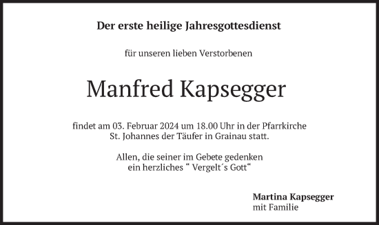 Traueranzeige von Manfred Kapsegger von merkurtz