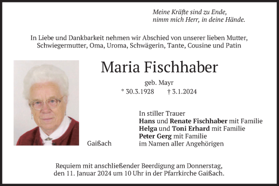 Traueranzeige von Maria Fischhaber von merkurtz
